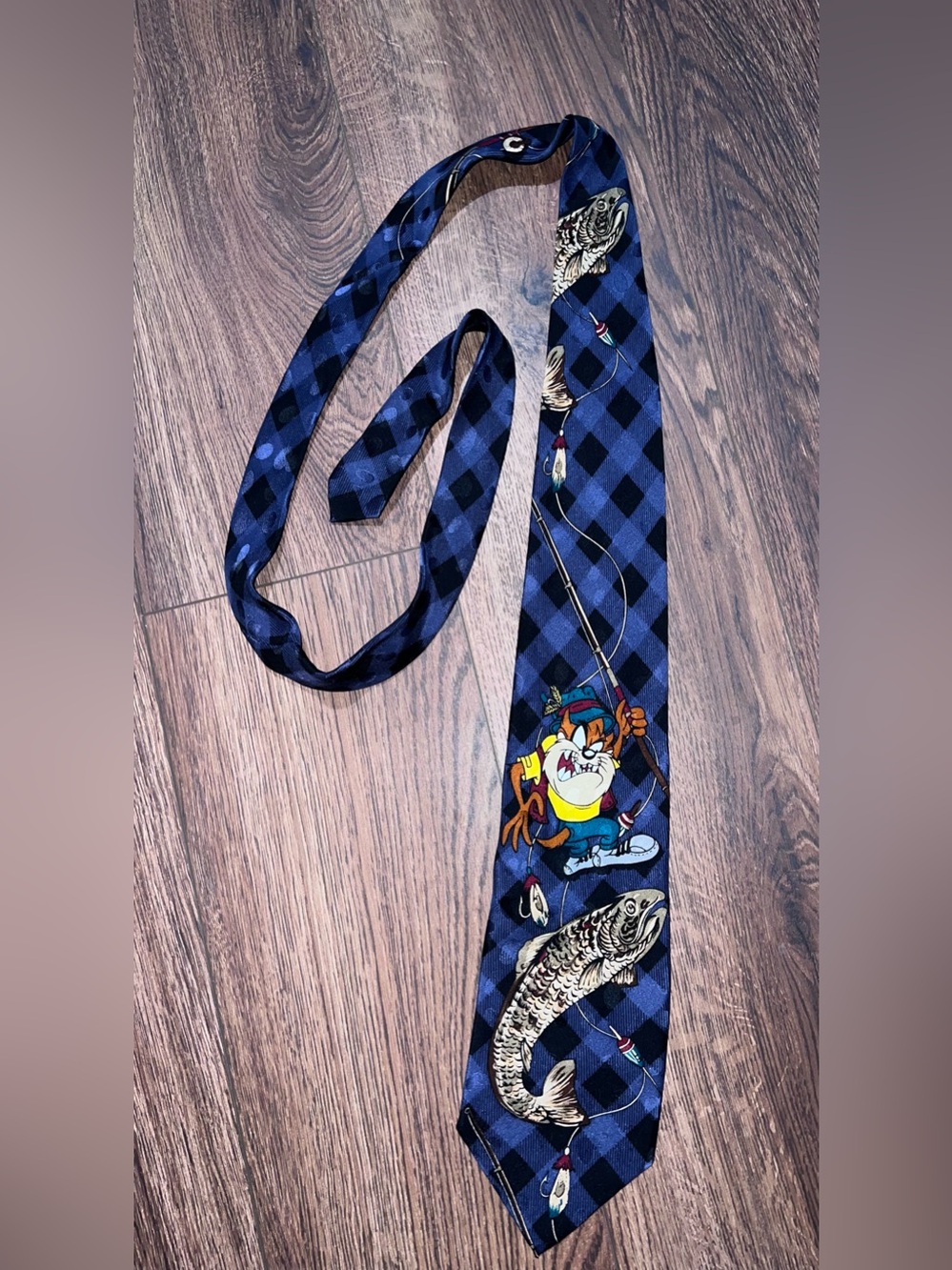 Warner Bros. Blue Plaid Taz Fishing Cartoon Tie